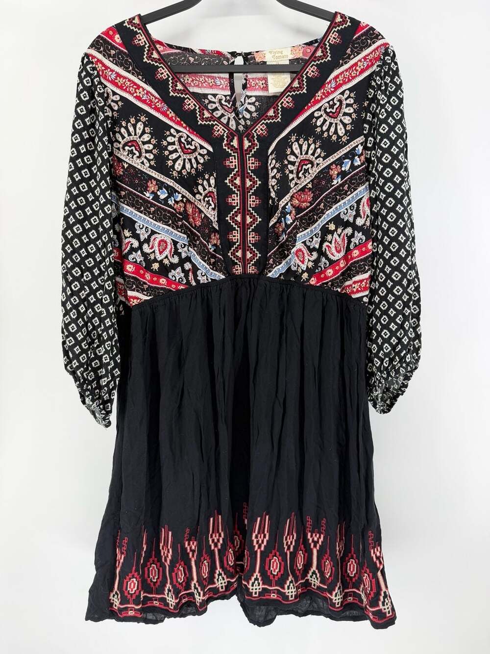 Flying Tomato 2X Black Boho Paisley Embroidered Tunic Dress 3/4 Sleeve